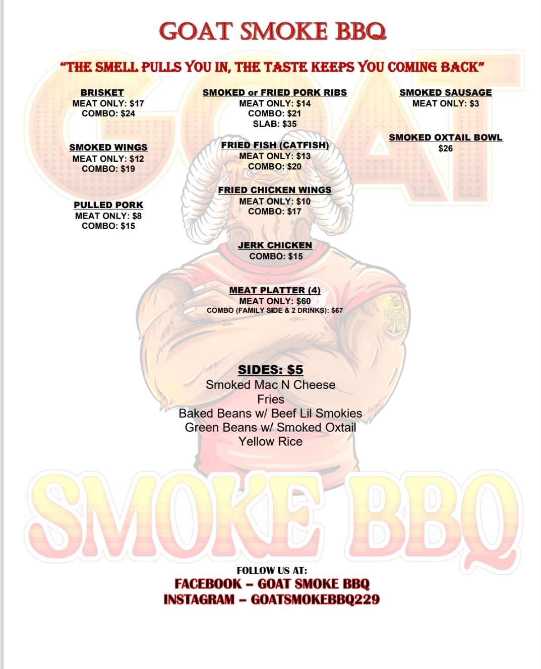 GOAT Smoke BBQ menu